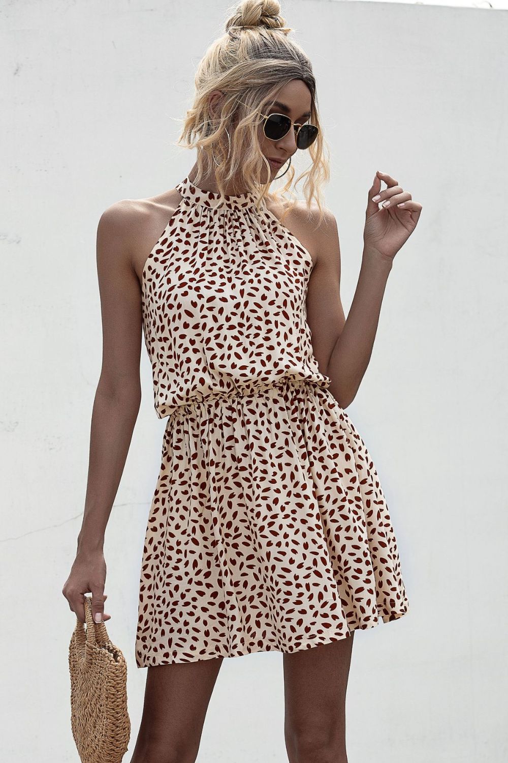 Printed Grecian Neck Mini Dress - felvior