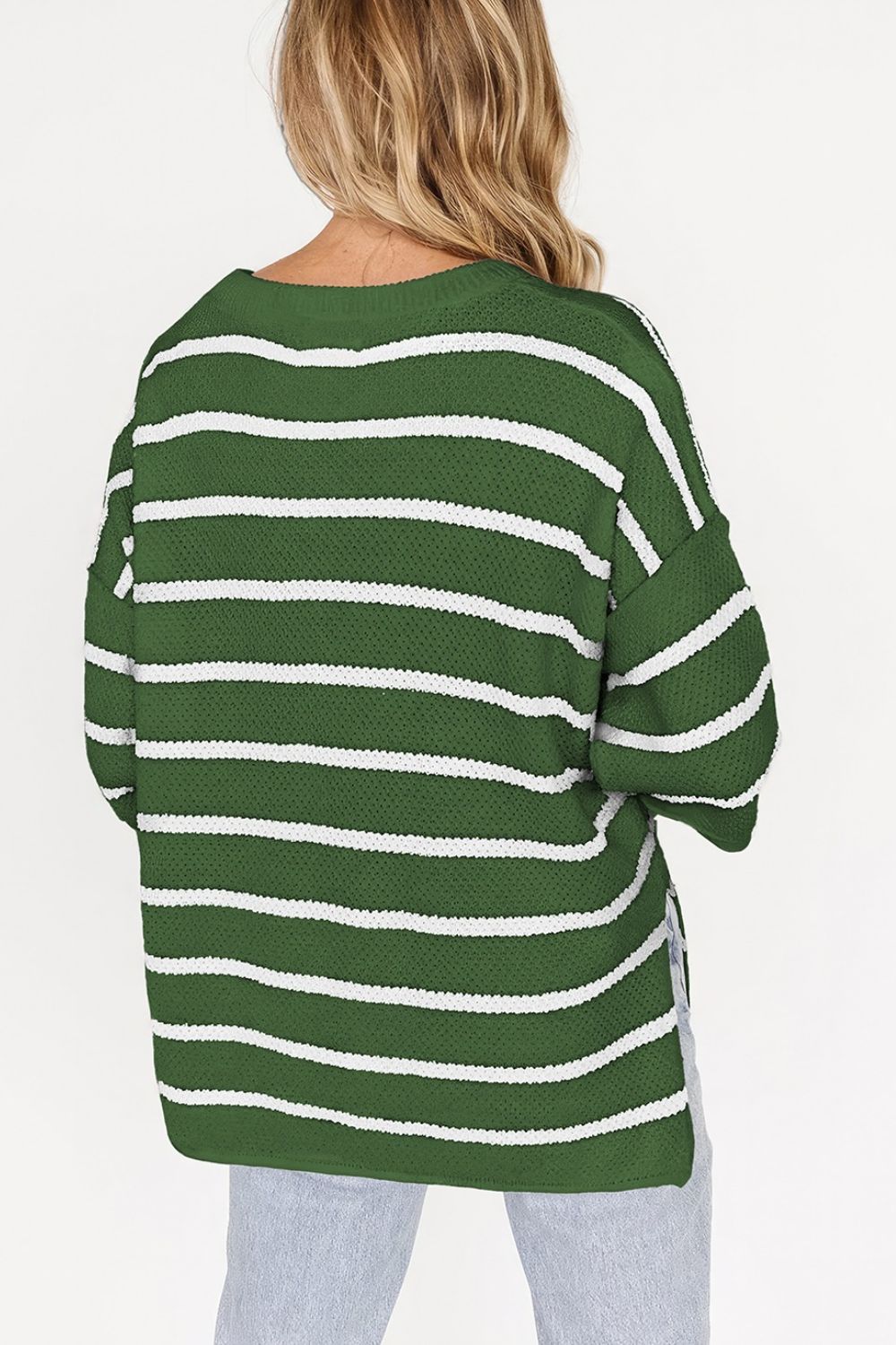 Stripe Drop Shoulder Side Slit Knit Top - felvior