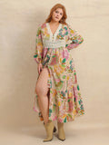 Plus Size Lace Detail Printed V-Neck Balloon Sleeve Dress - felvior