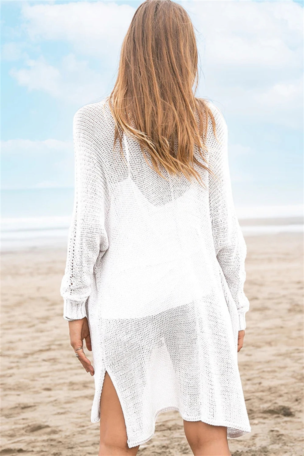 Openwork Side Slit Open Front Long Sleeve Cardigan - felvior