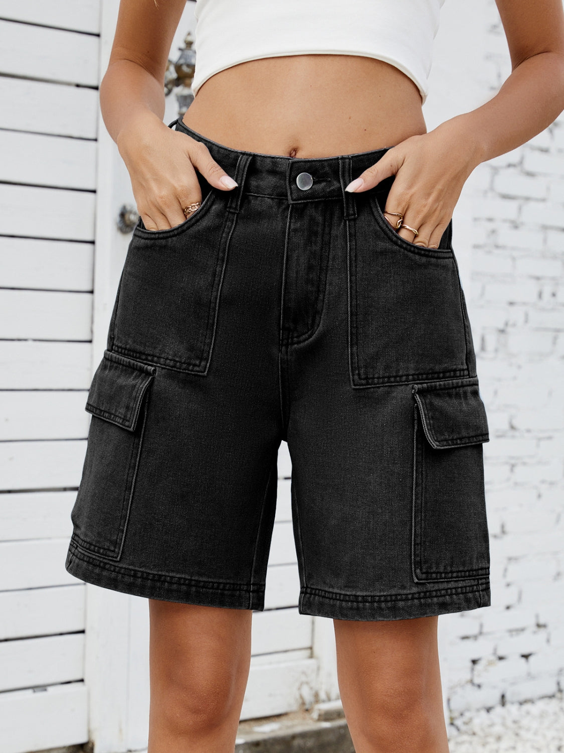 High Waist Denim Shorts with Cargo Pockets - felvior