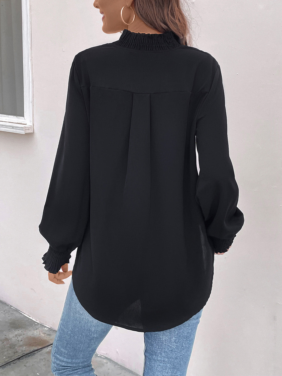 Perfee Smocked Notched Long Sleeve Blouse - felvior