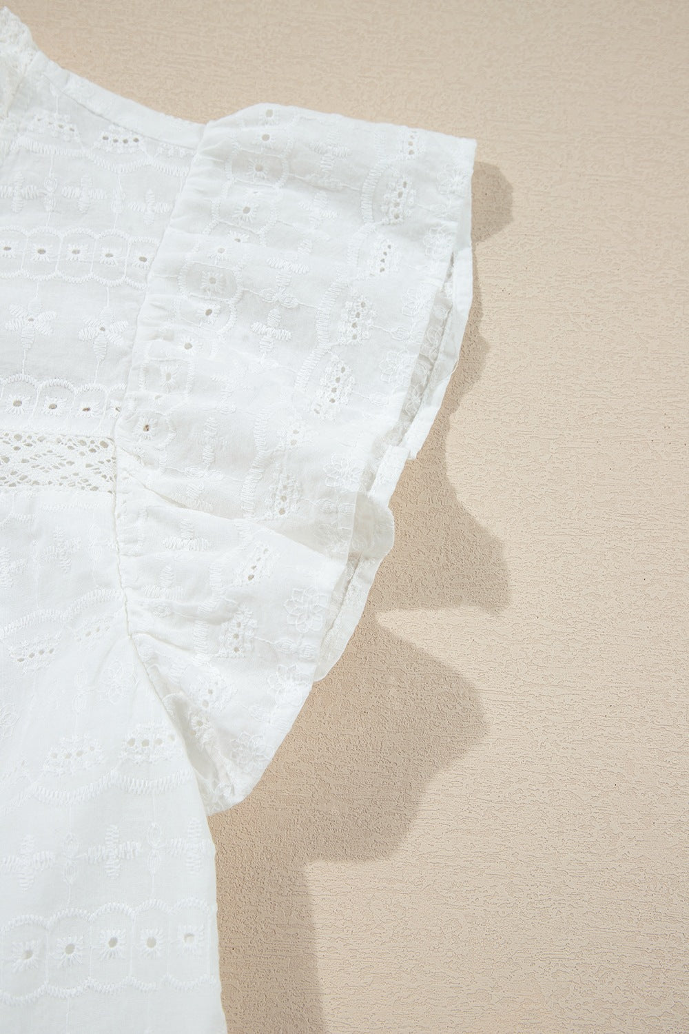 Lace Round Neck Flutter Sleeve Eyelet Blouse - felvior