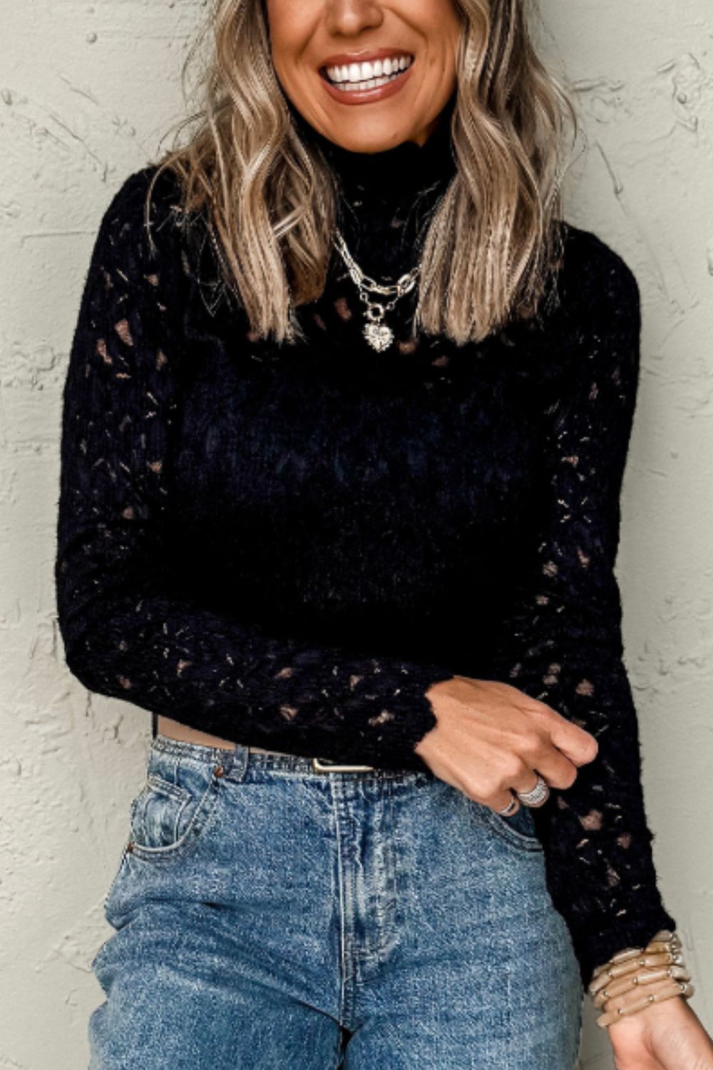 Crochet Turtleneck Long Sleeve Top - felvior