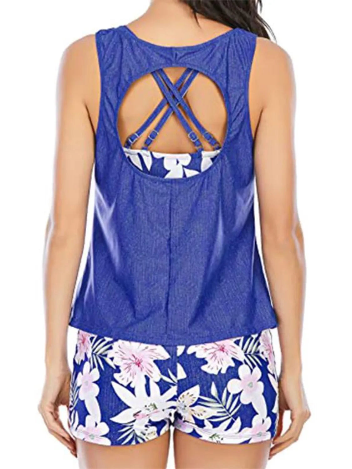 Cutout Printed Round Neck Three-Piece Swim Set - felvior