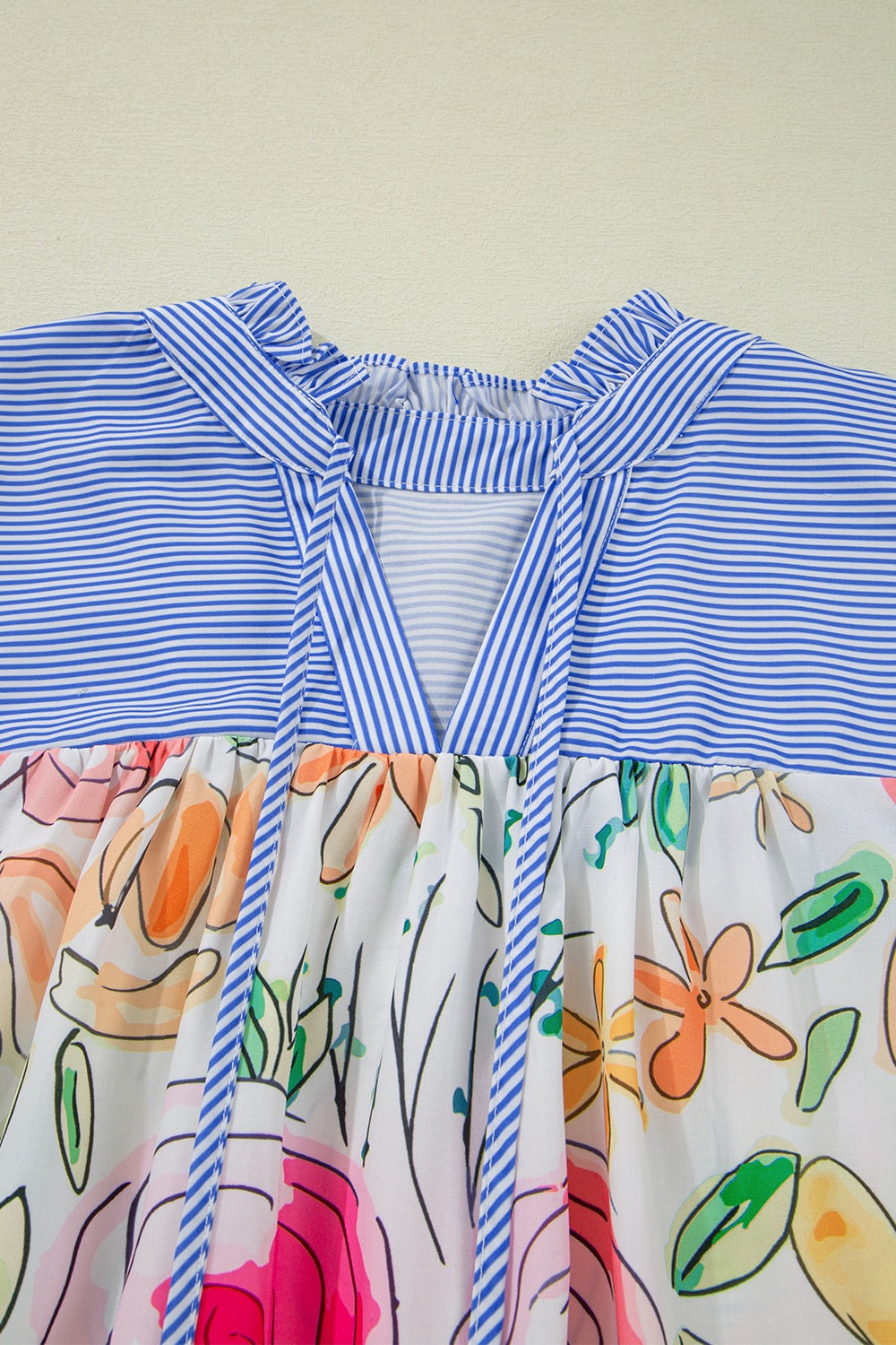 Floral Striped Yoke Frilled Tie Neck Puff Short Sleeve Blouse - felvior