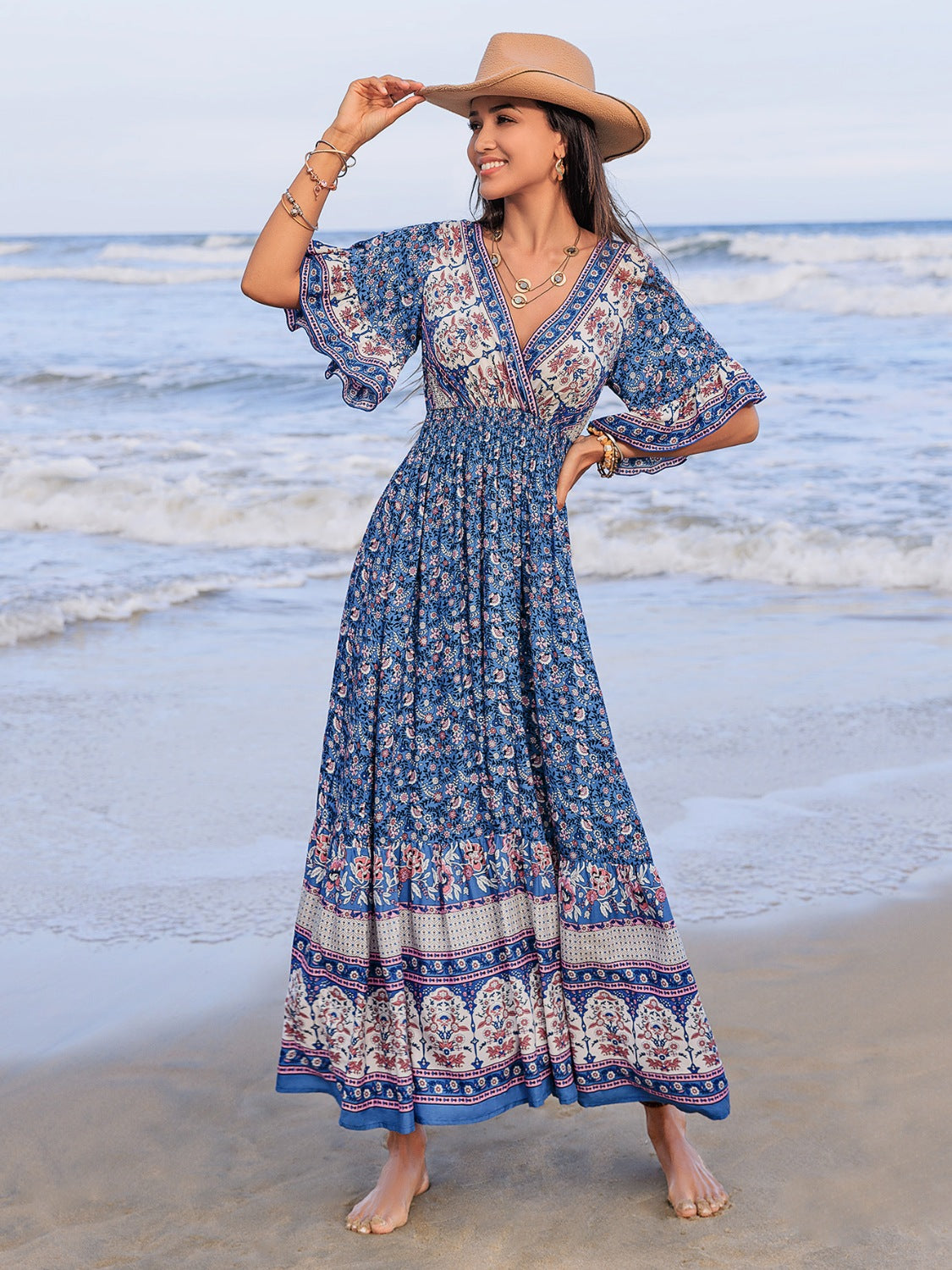 Ruched Printed Flounce Sleeve Midi Dress - felvior