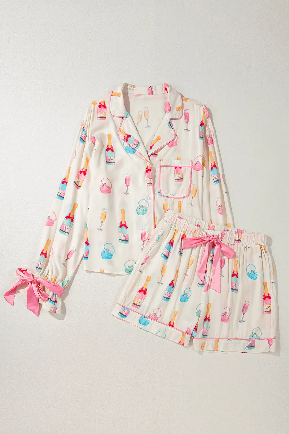Bow Printed Collared Neck Top and Drawstring Shorts Lounge Set - felvior