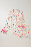 Bow Printed Collared Neck Top and Drawstring Shorts Lounge Set - felvior