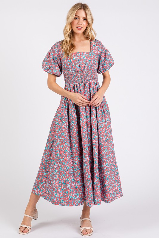 Mittoshop Smocked Floral Square Neck Puff Sleeve Midi Dress - felvior