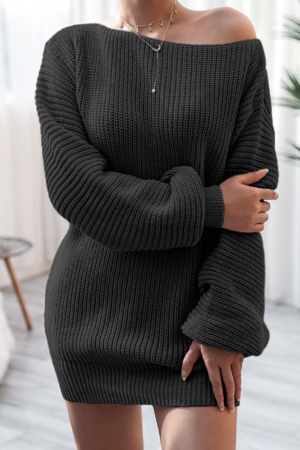 Boat Neck Long Sleeve Mini Sweater Dress - felvior