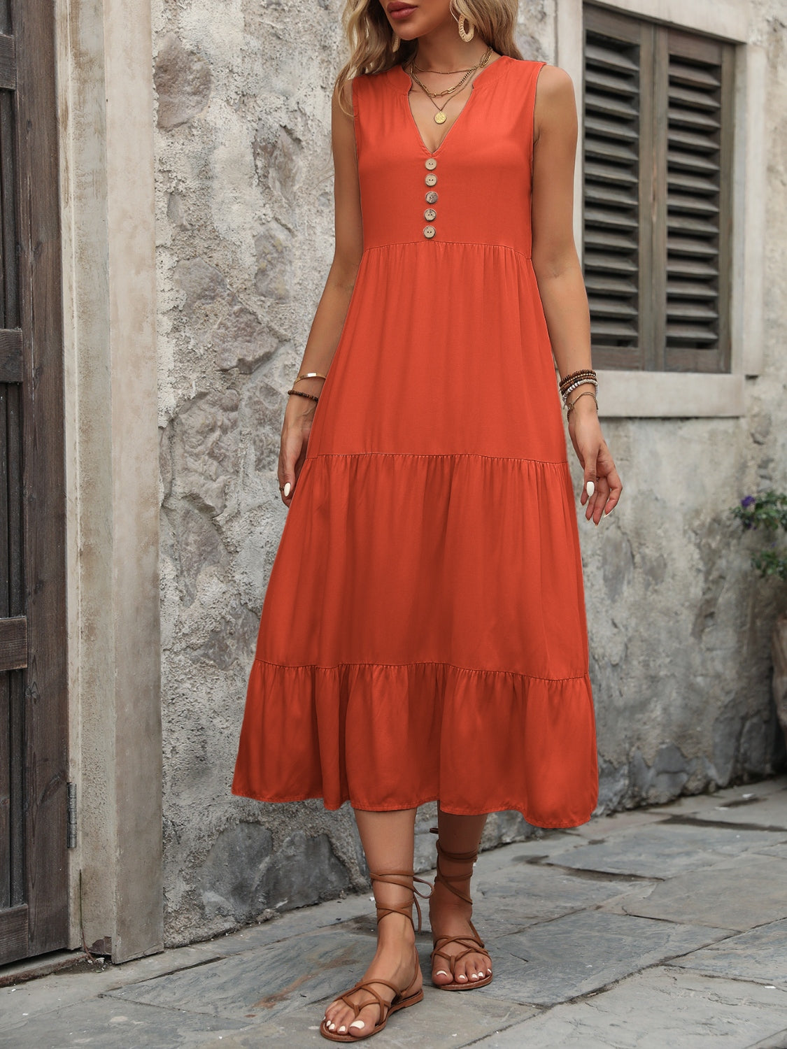 Ivy Lane Decorative Button Notched Sleeveless Dress - felvior