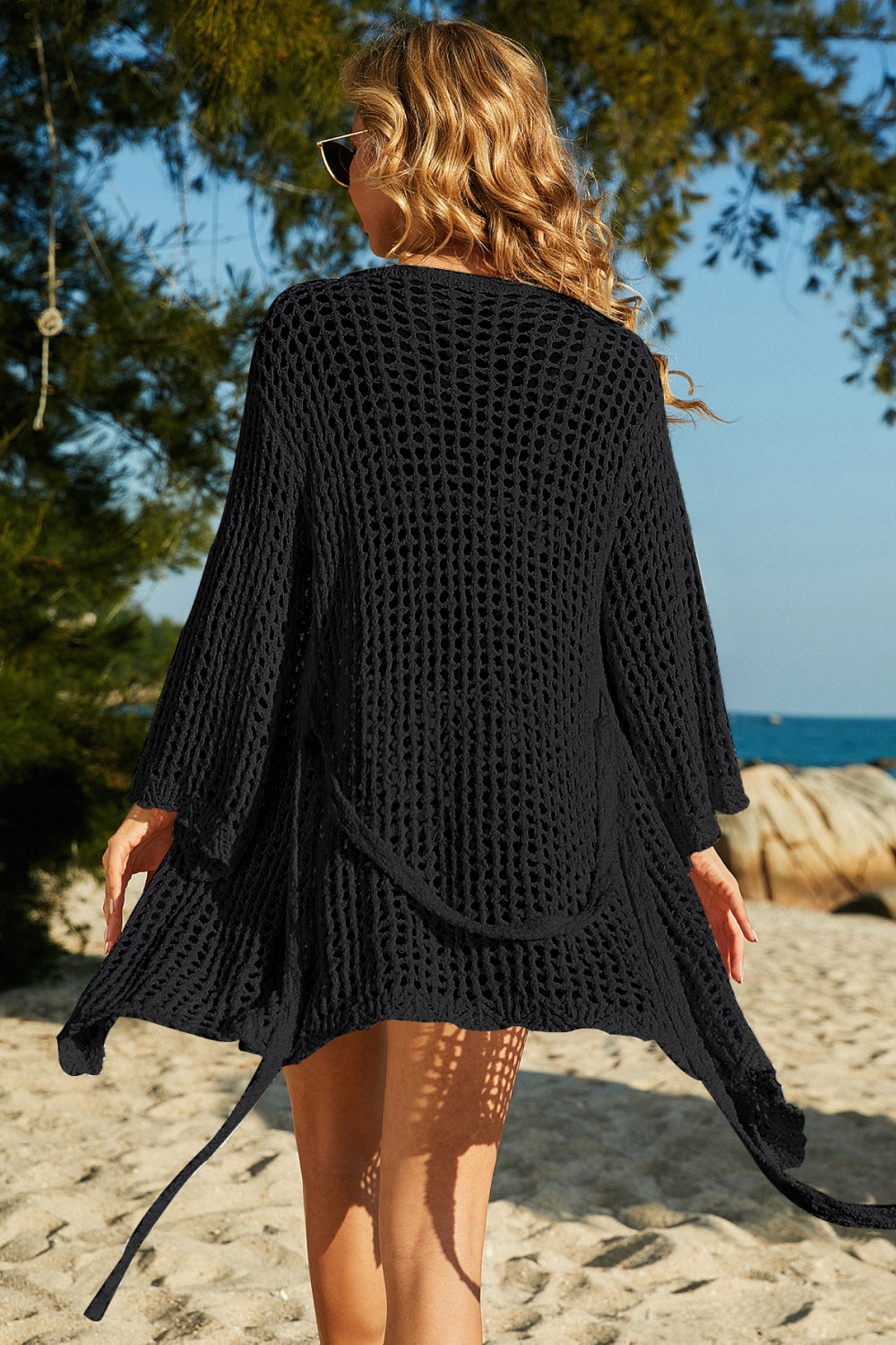 Tie-Waist Openwork Crochet Cover Up - felvior