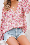 Printed Notched Long Sleeve Blouse - felvior