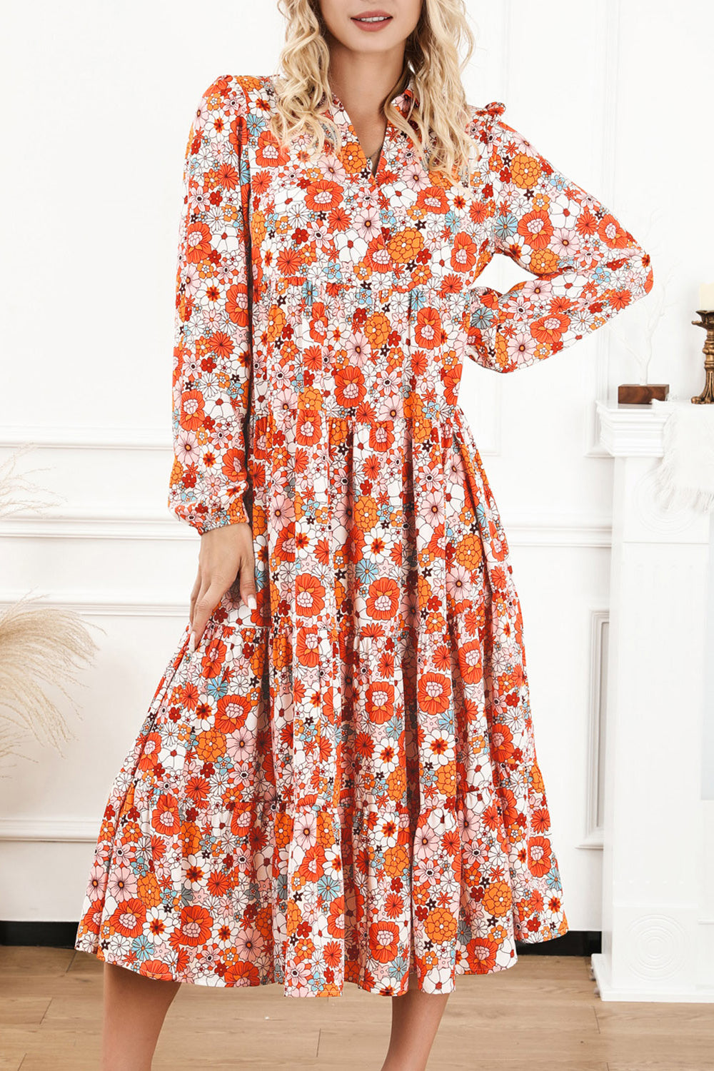 Floral Notched Neck Long Sleeve Dress - felvior