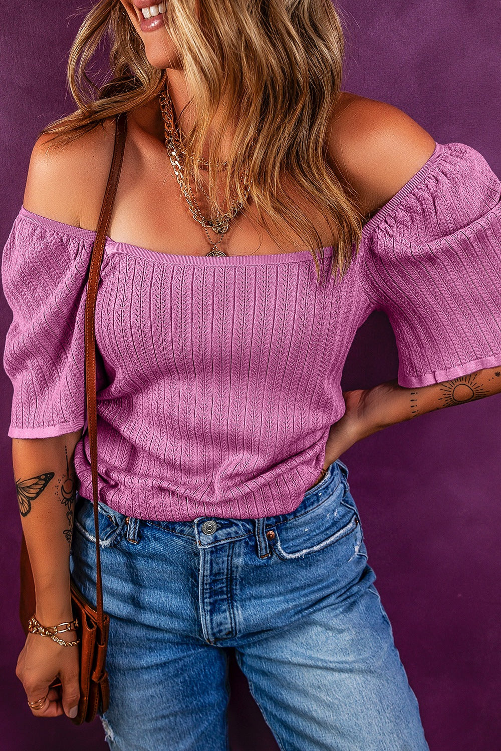 Textured Square Neck Half Sleeve Top - felvior