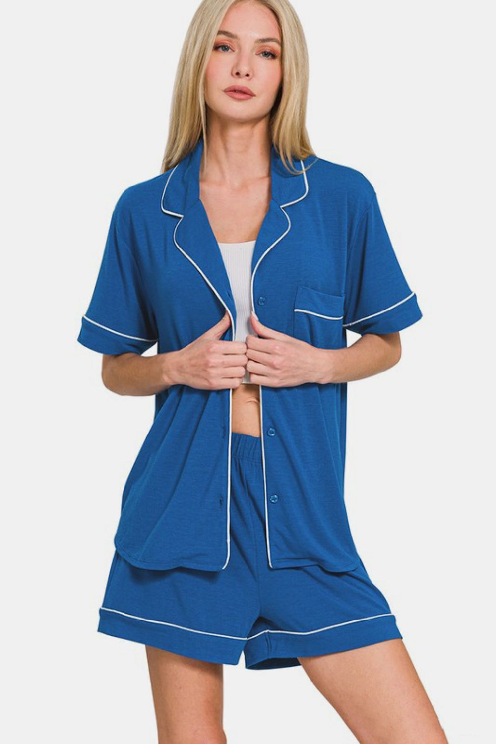 Zenana Button Down Short Sleeve Top and Shorts Lounge Set - felvior