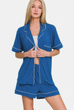 Zenana Button Down Short Sleeve Top and Shorts Lounge Set - felvior