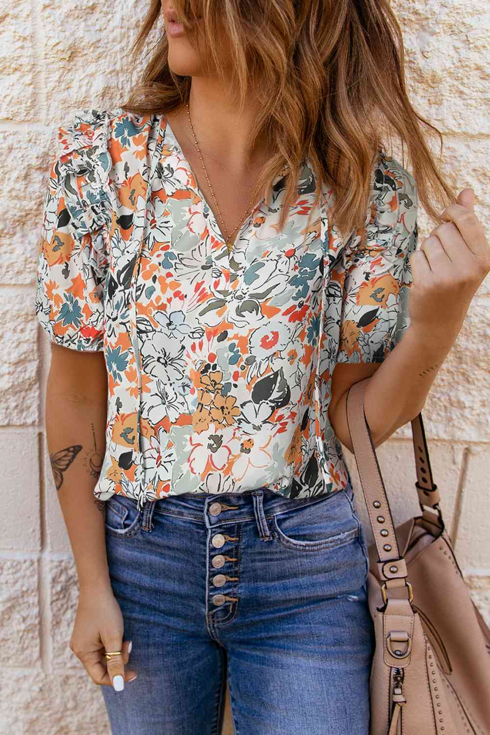 Floral Tie Neck Shoulder Detail Blouse - felvior