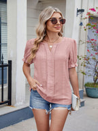 Eyelet Notched Short Sleeve Top