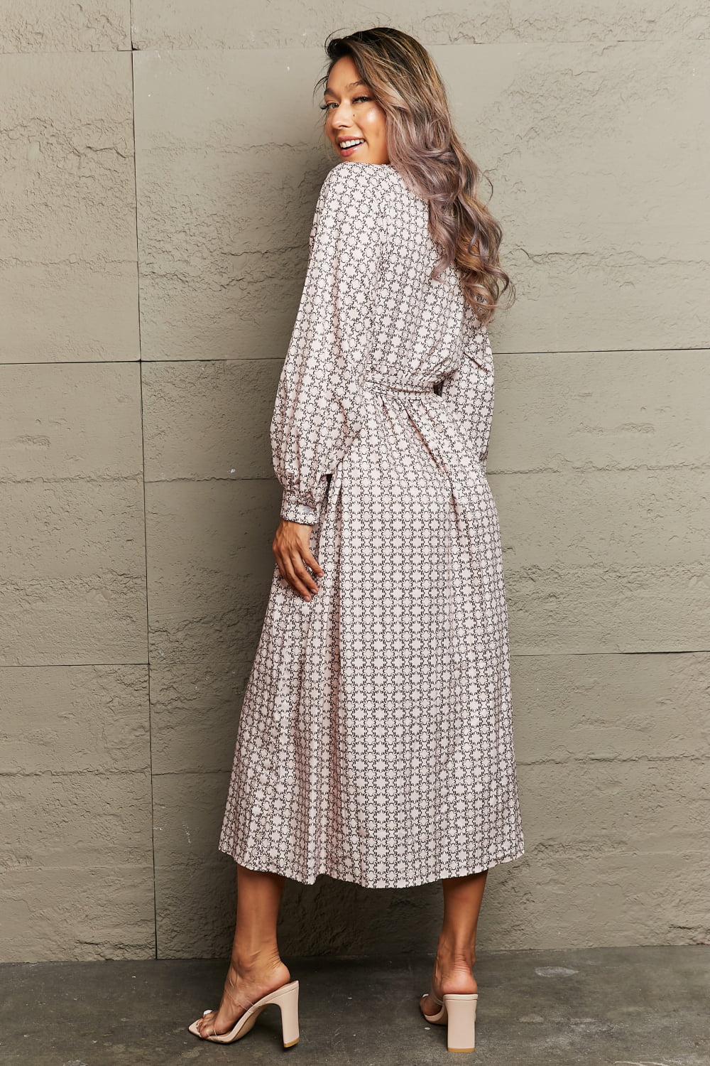 Perfee Printed Tie Waist Long Sleeve Dress - felvior