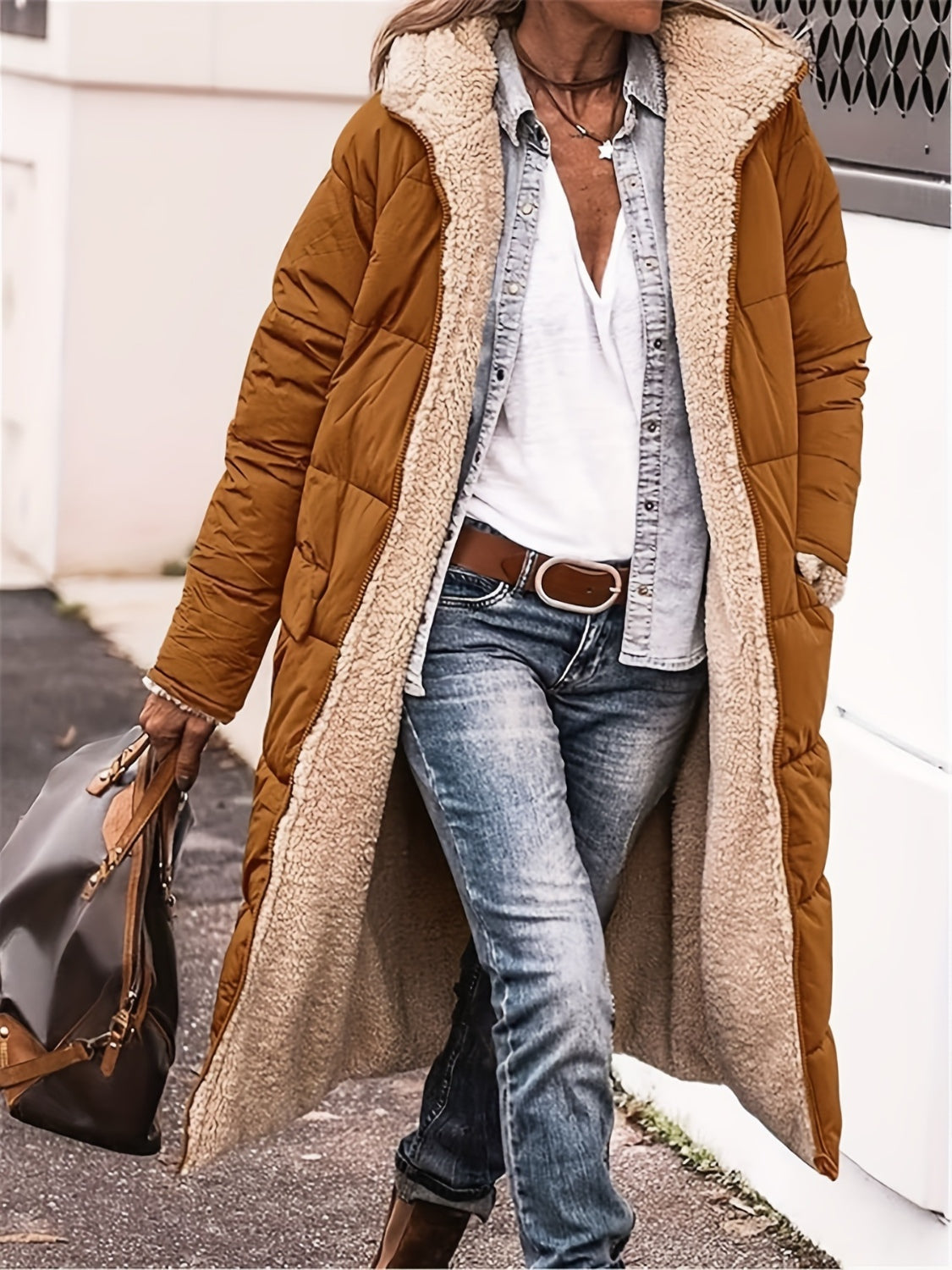 Full Size Zip Up Sherpa Hooded Coat - felvior