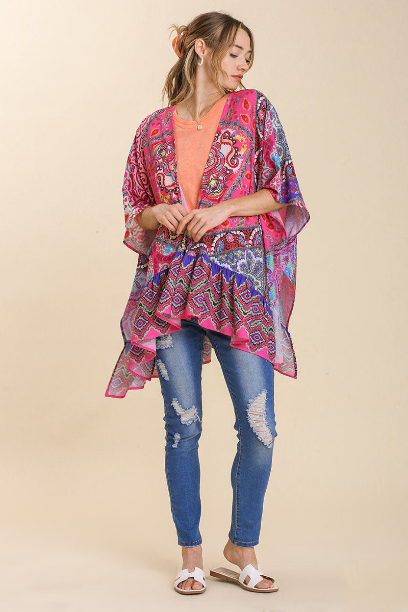 Umgee Full Size Mixed Print Ruffle Hem Open Front Cover Up Plus Size - felvior