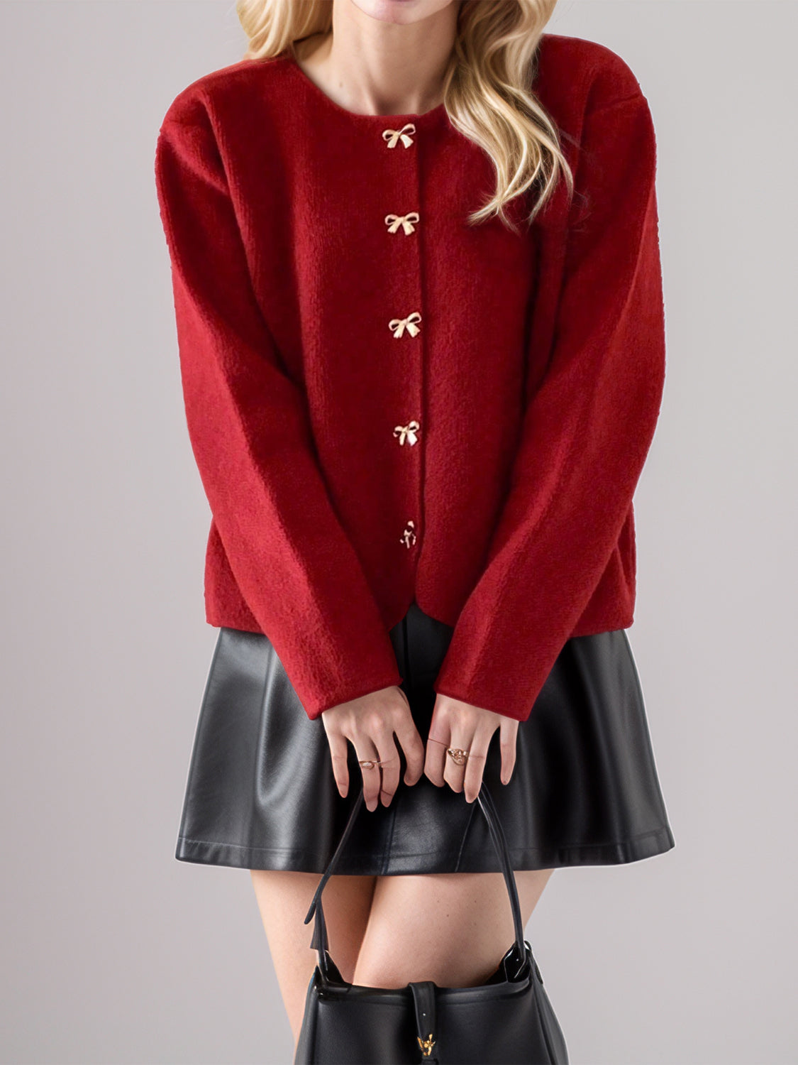 Bow Button Down Round Neck Long Sleeve Cardigan - felvior