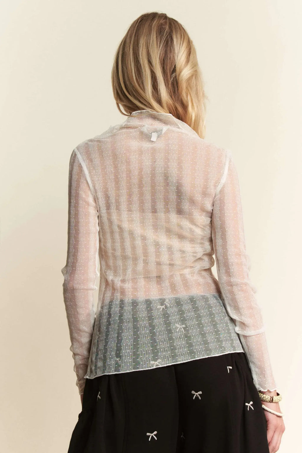 Davi & Dani Turtle Neck Lace Dotted Stretch Mesh Sheer Top