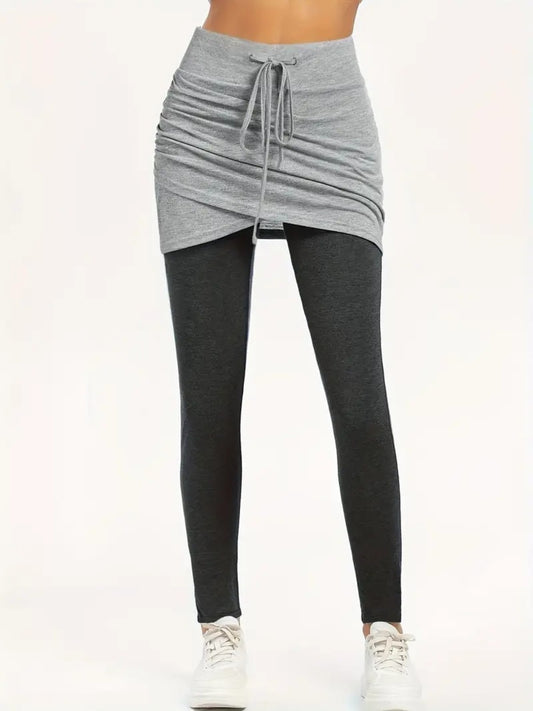 Drawstring Fake Two Pieces Active Leggings with Ruched Skirt - felvior