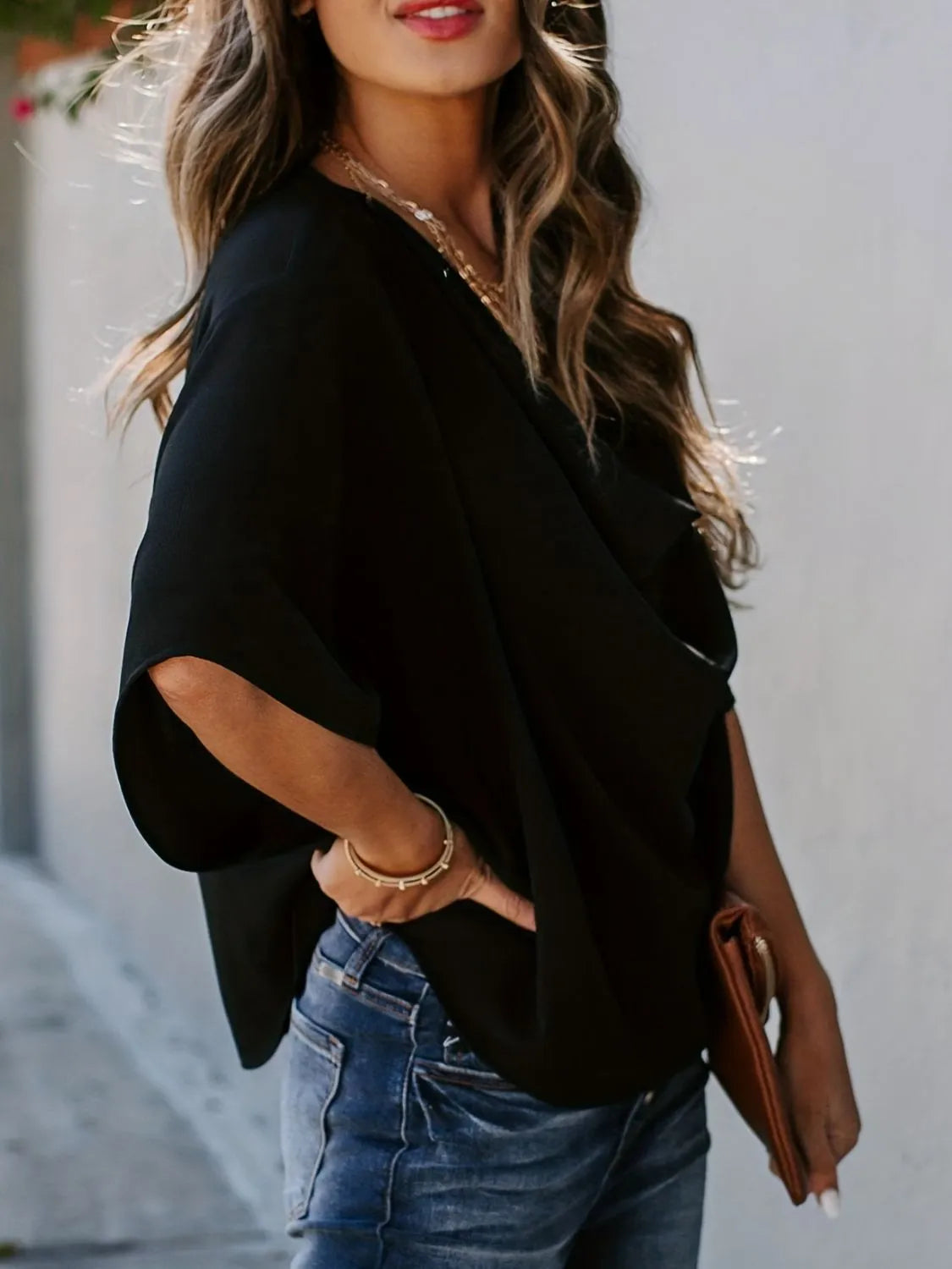 Full Size Ruched Three-Quarter Sleeve Blouse Plus Size - felvior