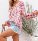 Printed Notched Long Sleeve Blouse - felvior