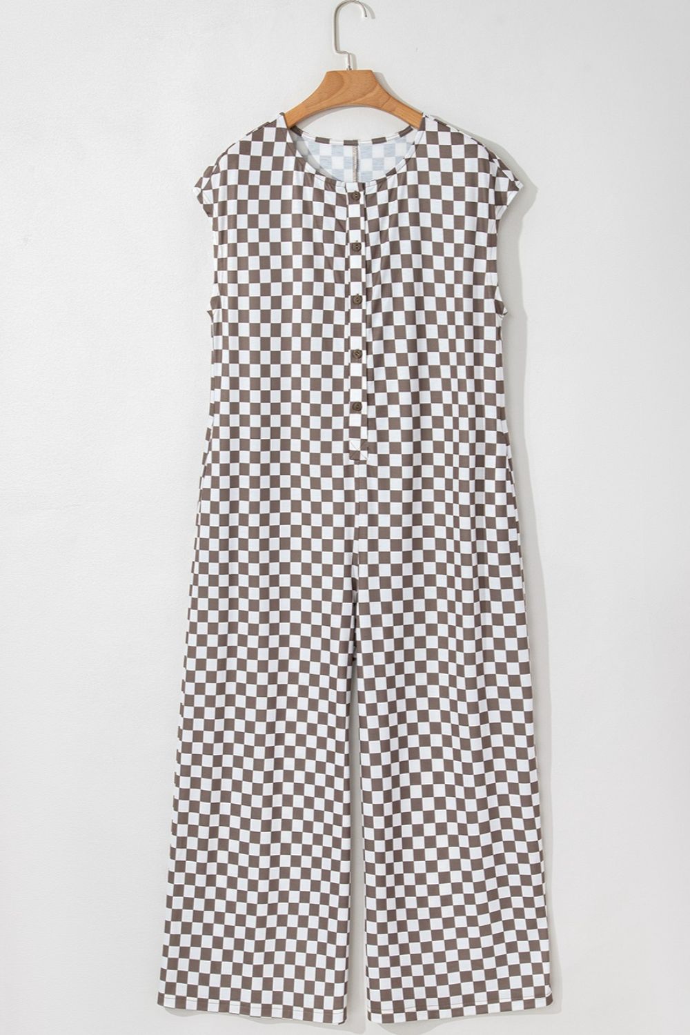 Checkered Print Crew Neck Wide Leg Jumpsuit