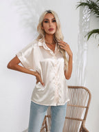 Button Down Collared Neck Short Sleeve Satin Shirt