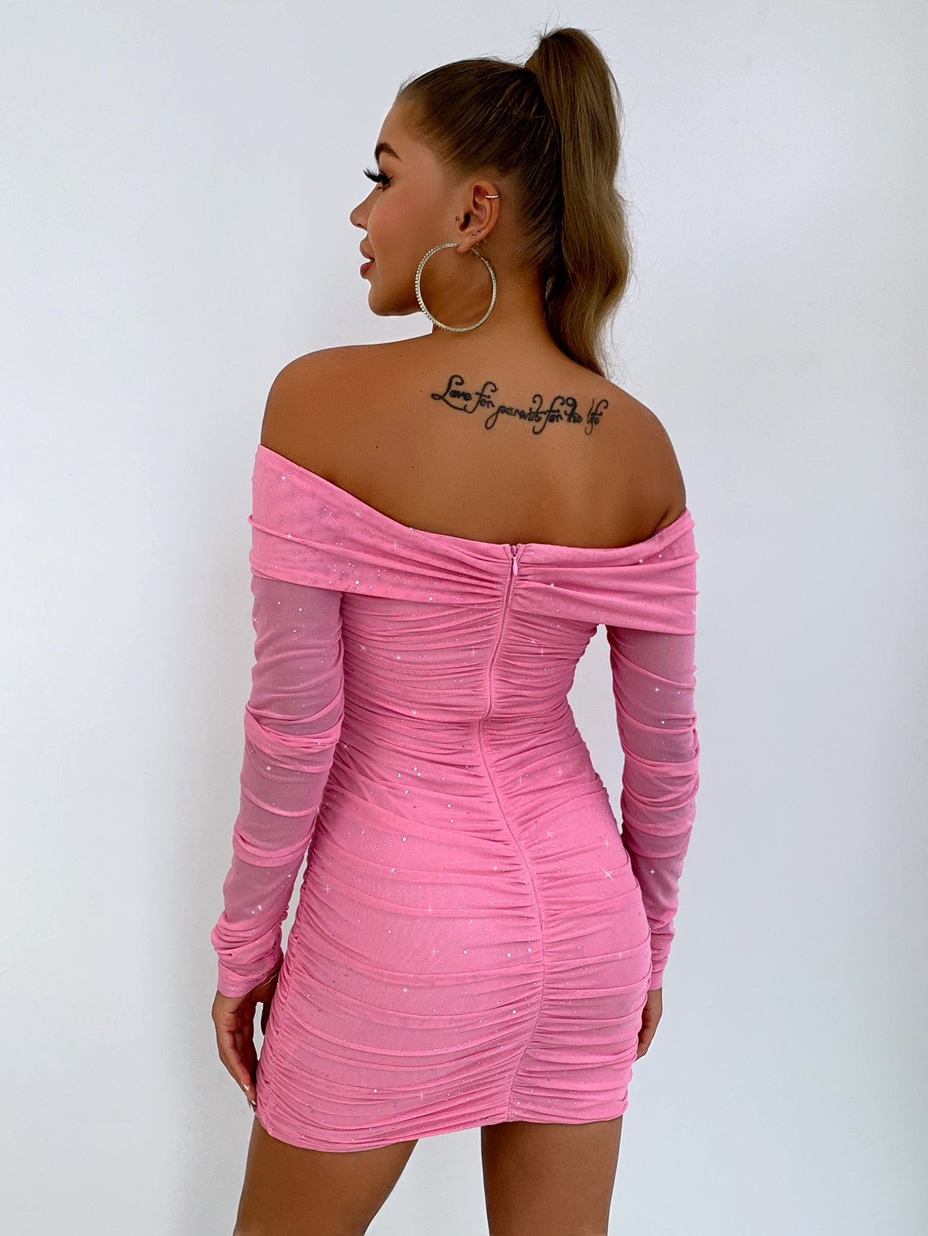 Glitter Ruched Off-Shoulder Long Sleeve Bodycon Dress - felvior