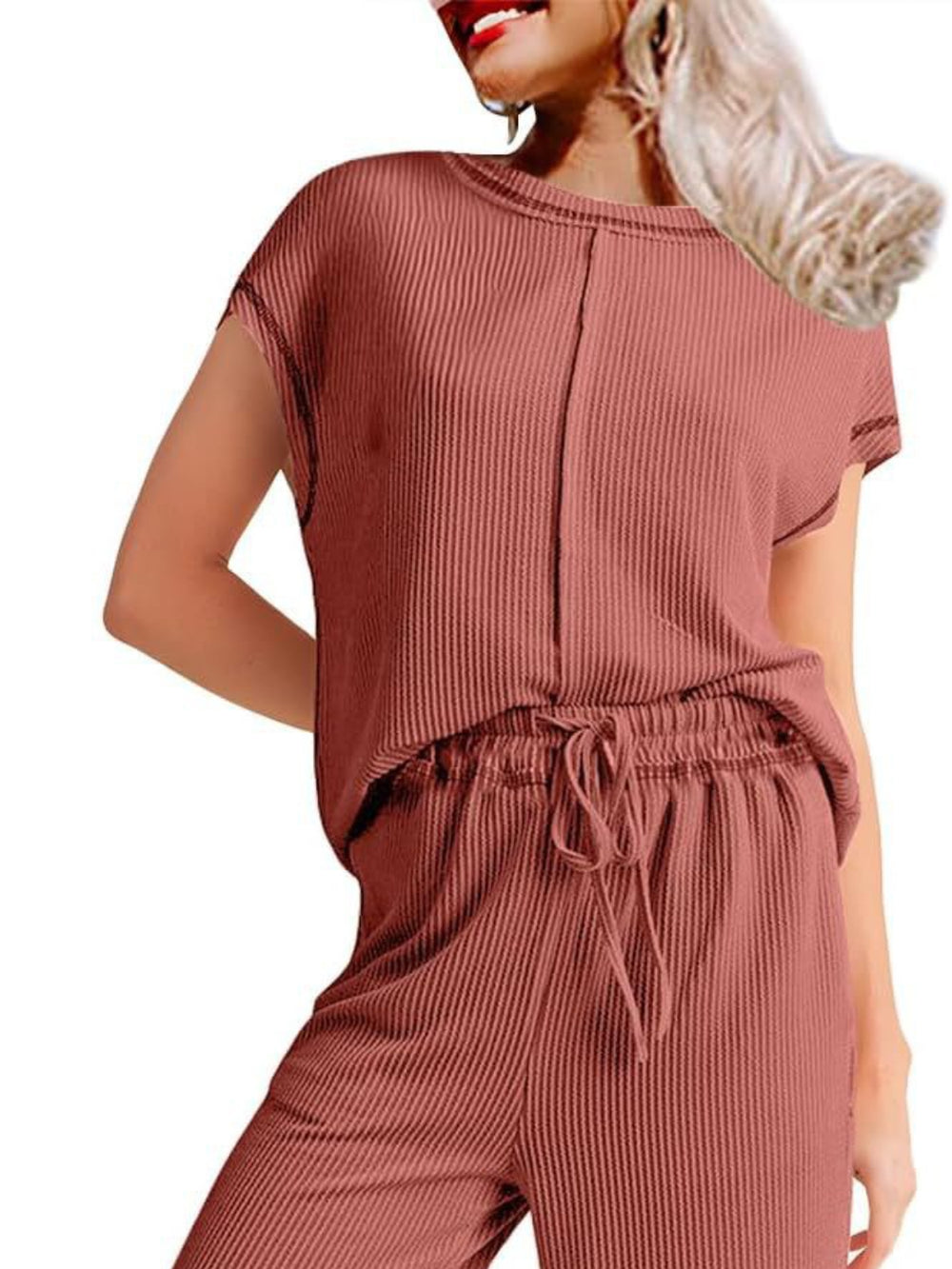 Ribbed Exposed Seam Top and Pants Set