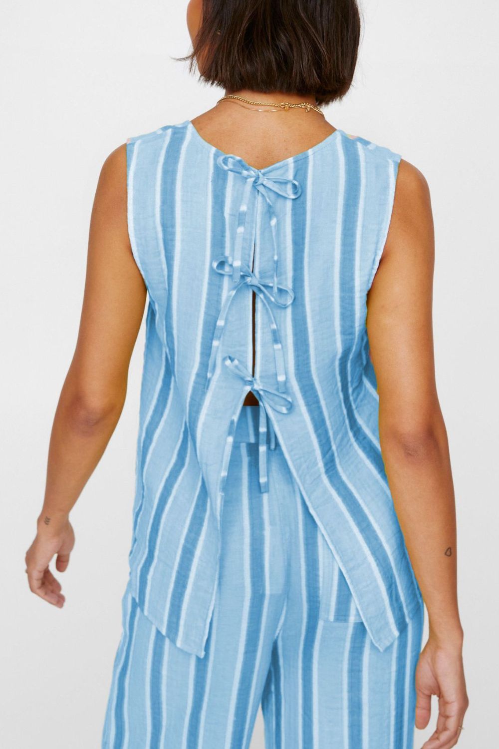 Tied Front Striped Top and Pants Set
