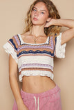 POL Openwork Ethnic Pattern Square Neck Cropped Knit Top - felvior