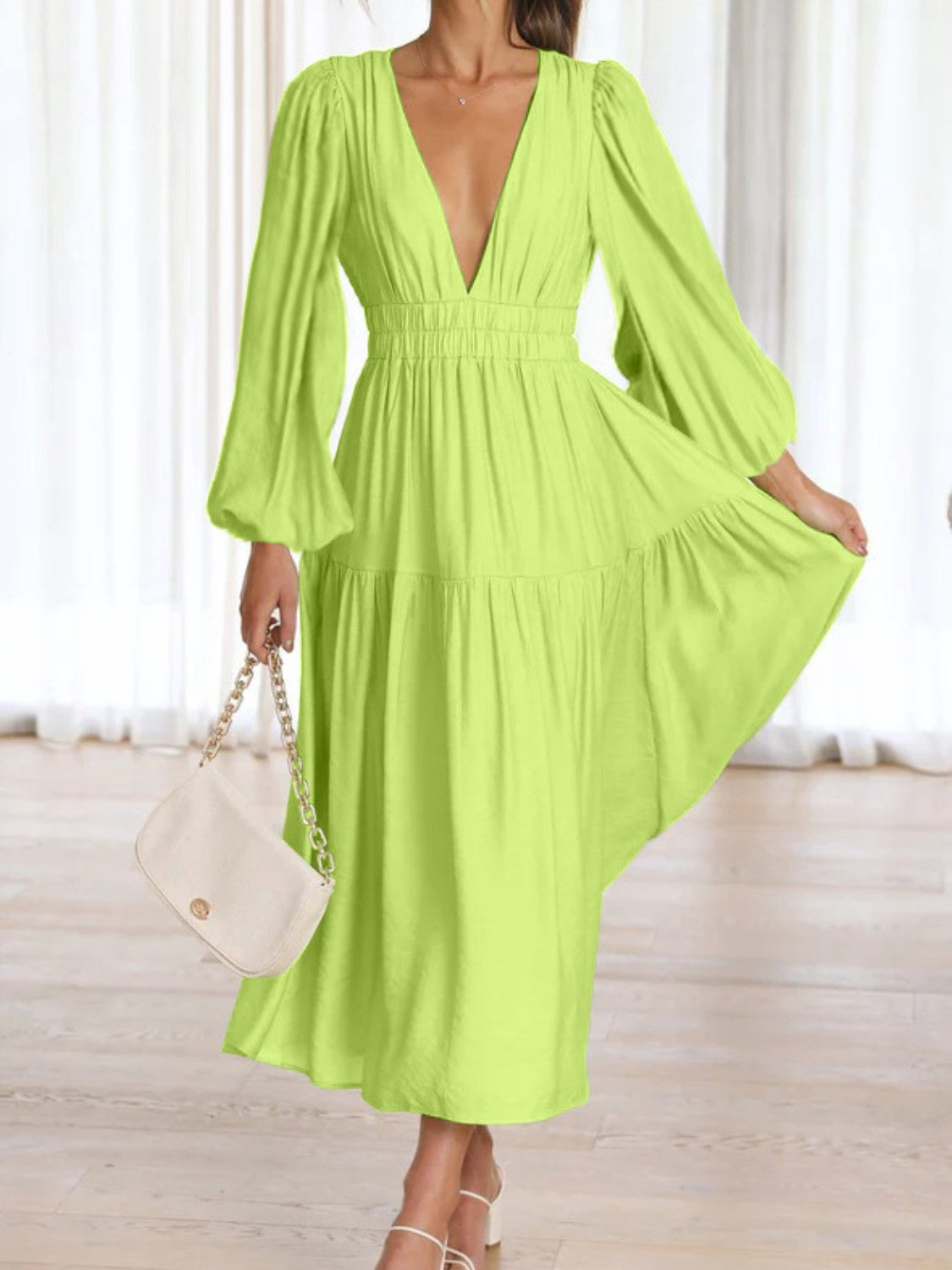 Deep V-Neck Balloon Sleeve Plain Maxi Dress - felvior