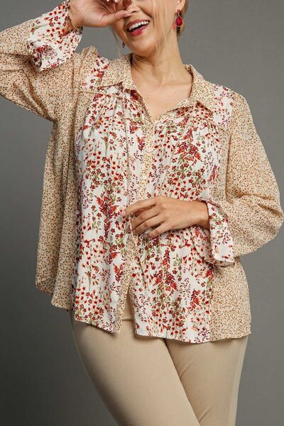 Umgee Full Size Mixed Print Metallic Detail Long Ruffle Sleeve Button Down Shirt Plus Size - felvior