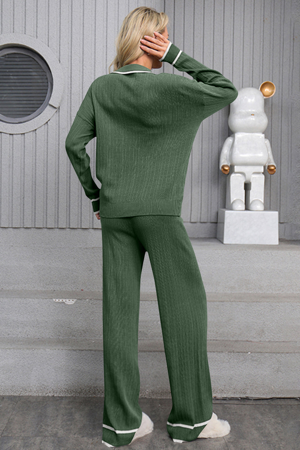 Contrast Trim Johnny Collar Top and Drawstring Pants Sweater Set - felvior