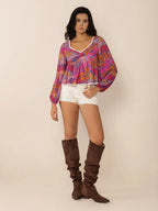 Lace Detail Printed Balloon Sleeve Top