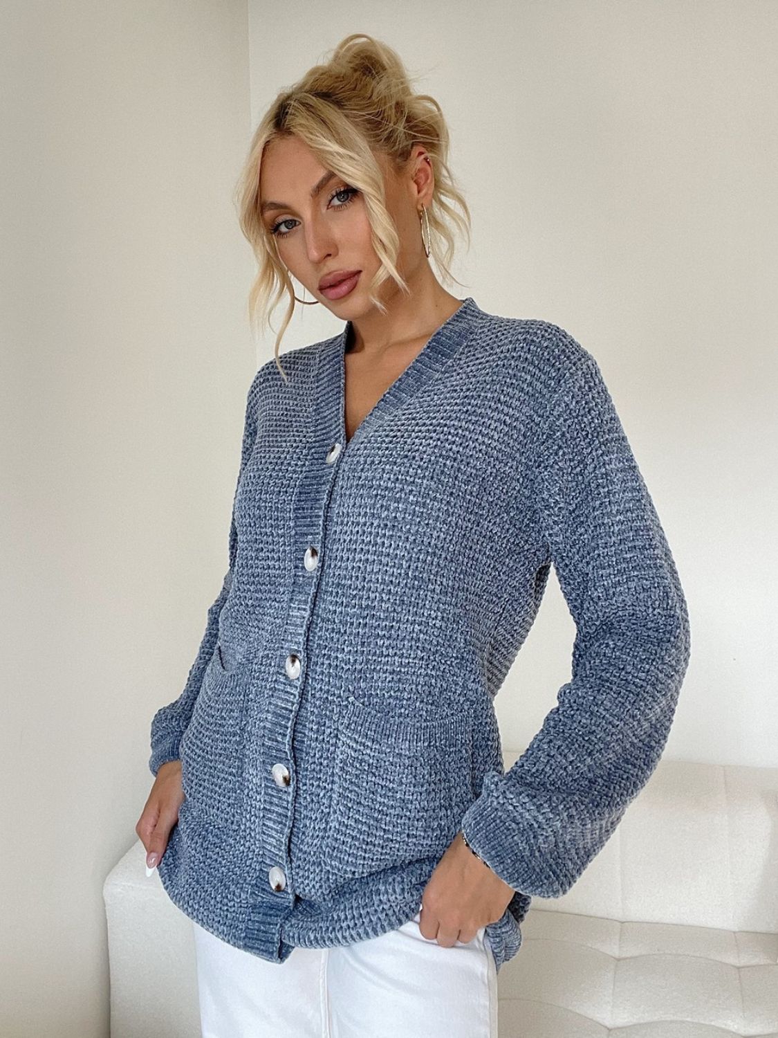 Pocketed V-Neck Button Up Cardigan - felvior