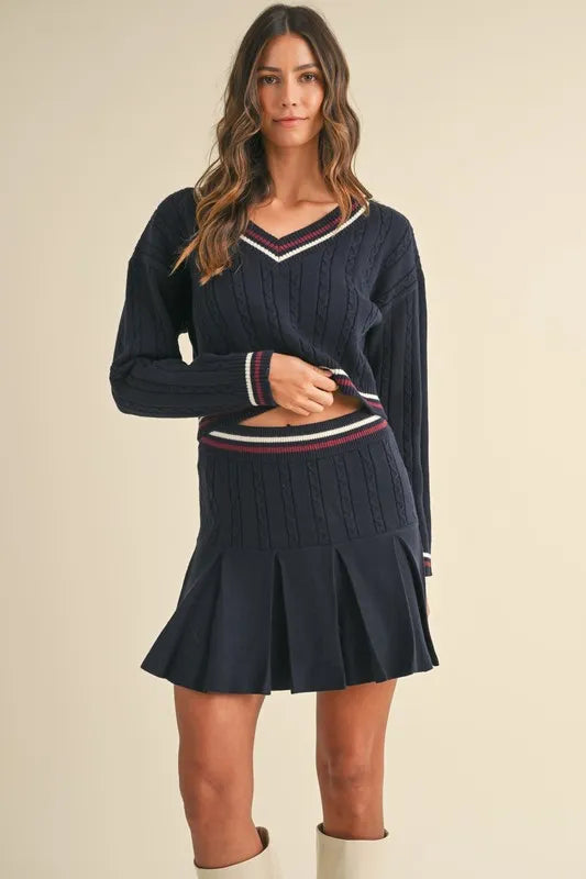 MABLE Cable-Knit Top and Pleated Skirt Sweater Set Main image