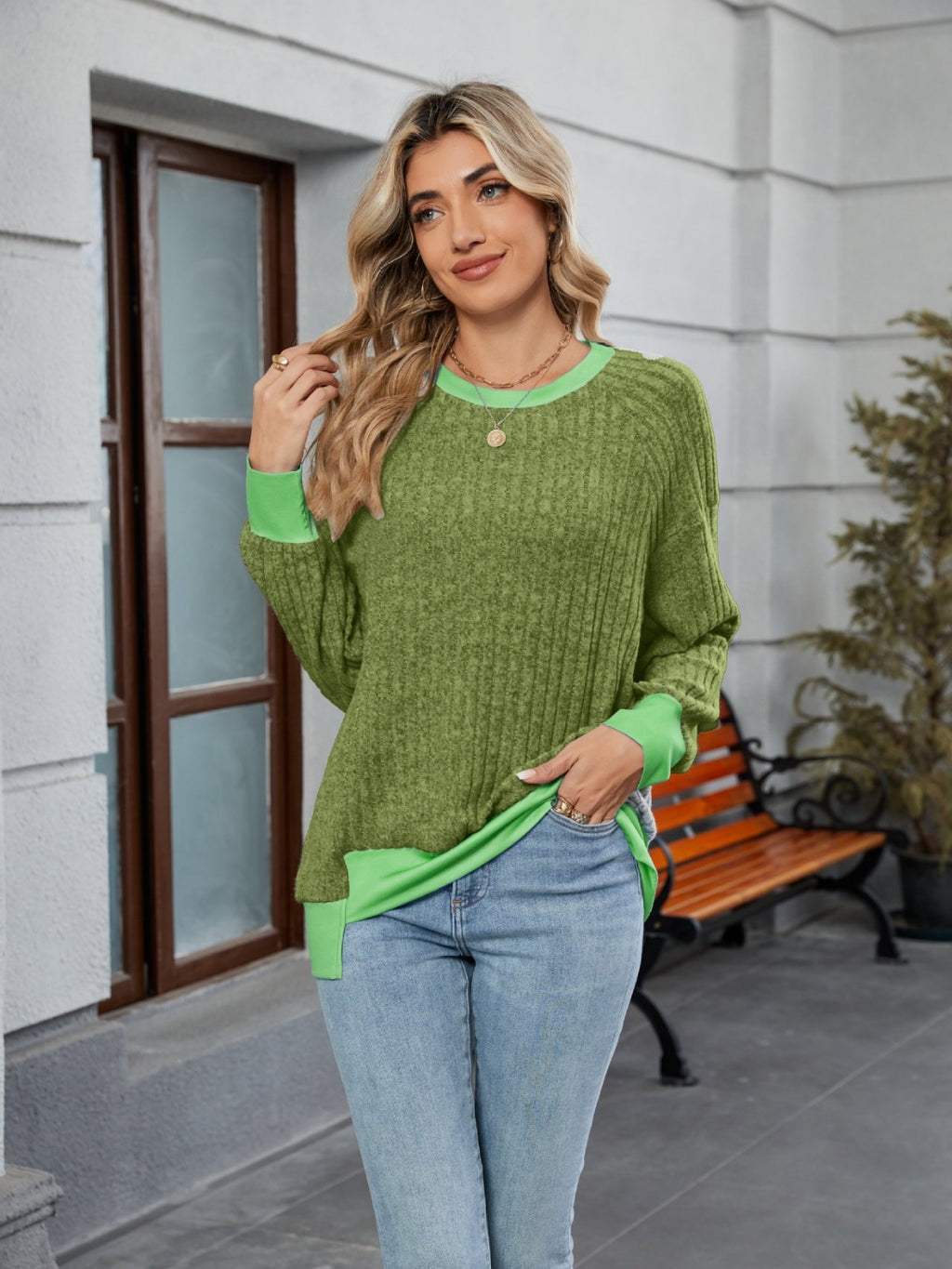 Contrast Trim Round Neck Long Sleeve T-Shirt