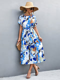 Round Neck Short Sleeve Tie Waist Midi Dress - felvior