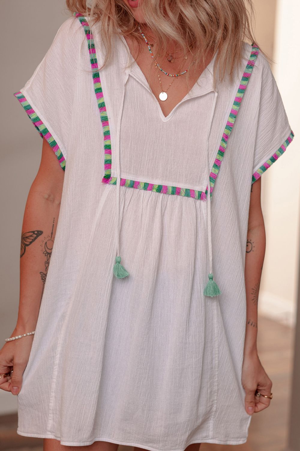 Tassel Tie Neck Short Sleeve Blouse - felvior