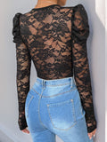 Perfee Lace V-Neck Long Sleeve Bodysuit - felvior