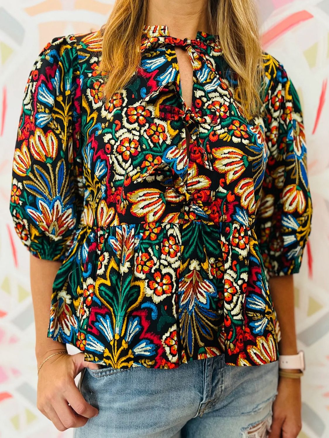 Tropical Print Puff Sleeve Knot Front Blouse - felvior