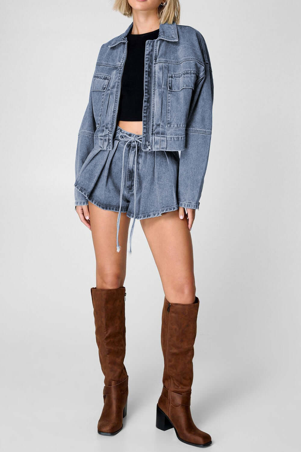 Zip Up Jacket and Drawstring Shorts Denim Set